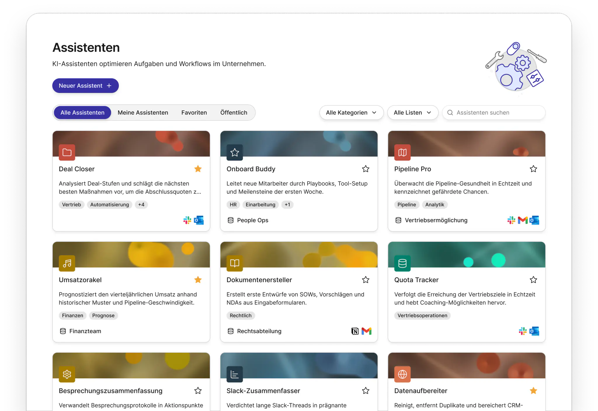 Assistenten-Bibliothek im KI Cockpit: Karten für Deal Closer, Onboard Buddy, Pipeline Pro, Umsatzorakel, Dokumentenersteller und Quota Tracker mit Kategorien, Favoriten und verbundenen Tools