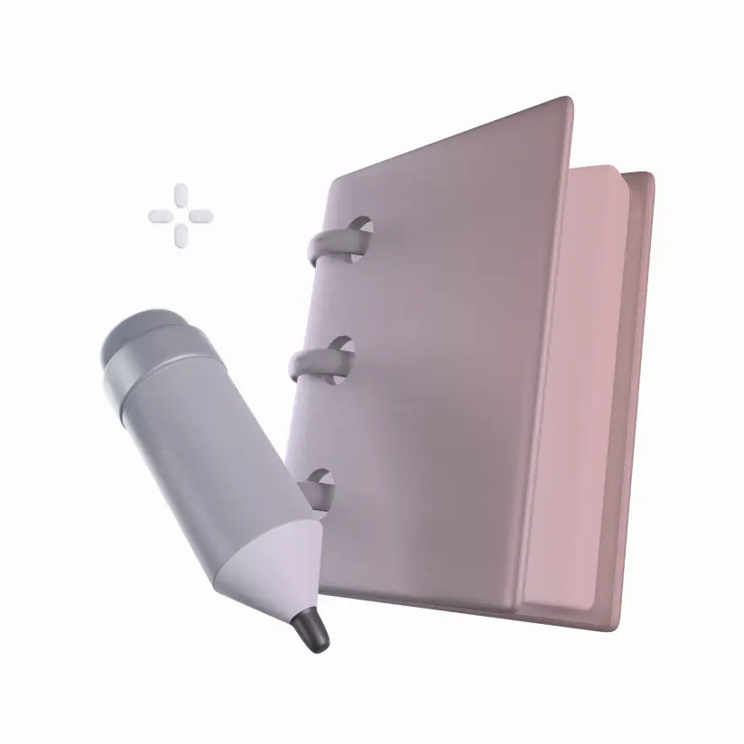 3D-Illustration eines Notizbuchs mit Stift als Symbol für den Grundlagen-Workshop