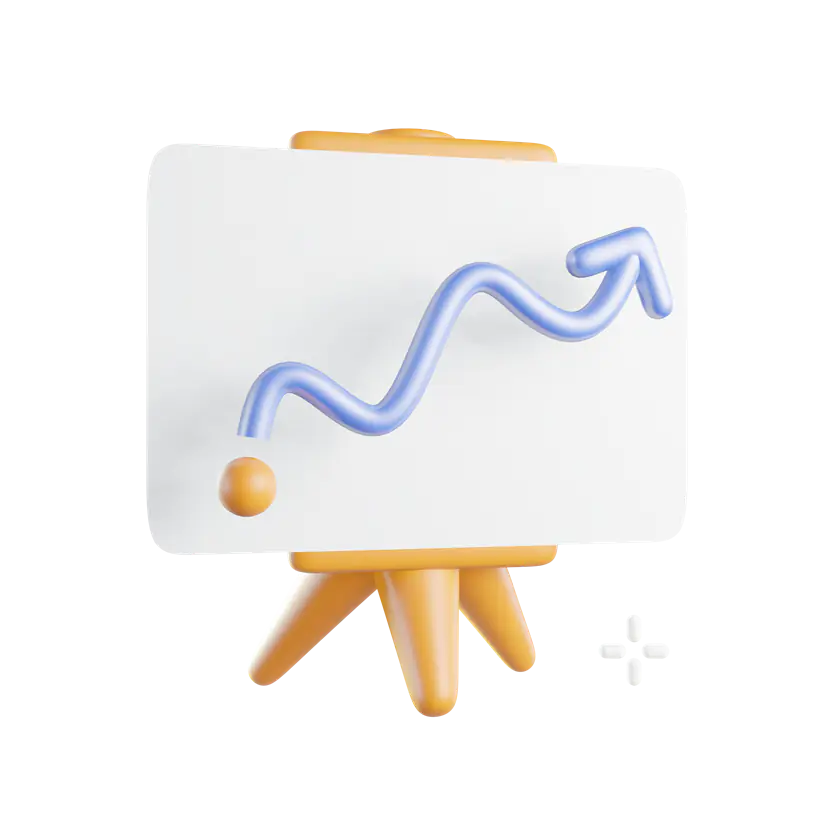 3D-Illustration eines Flipcharts mit aufsteigender Kurve als Symbol für den Praxis-Workshop