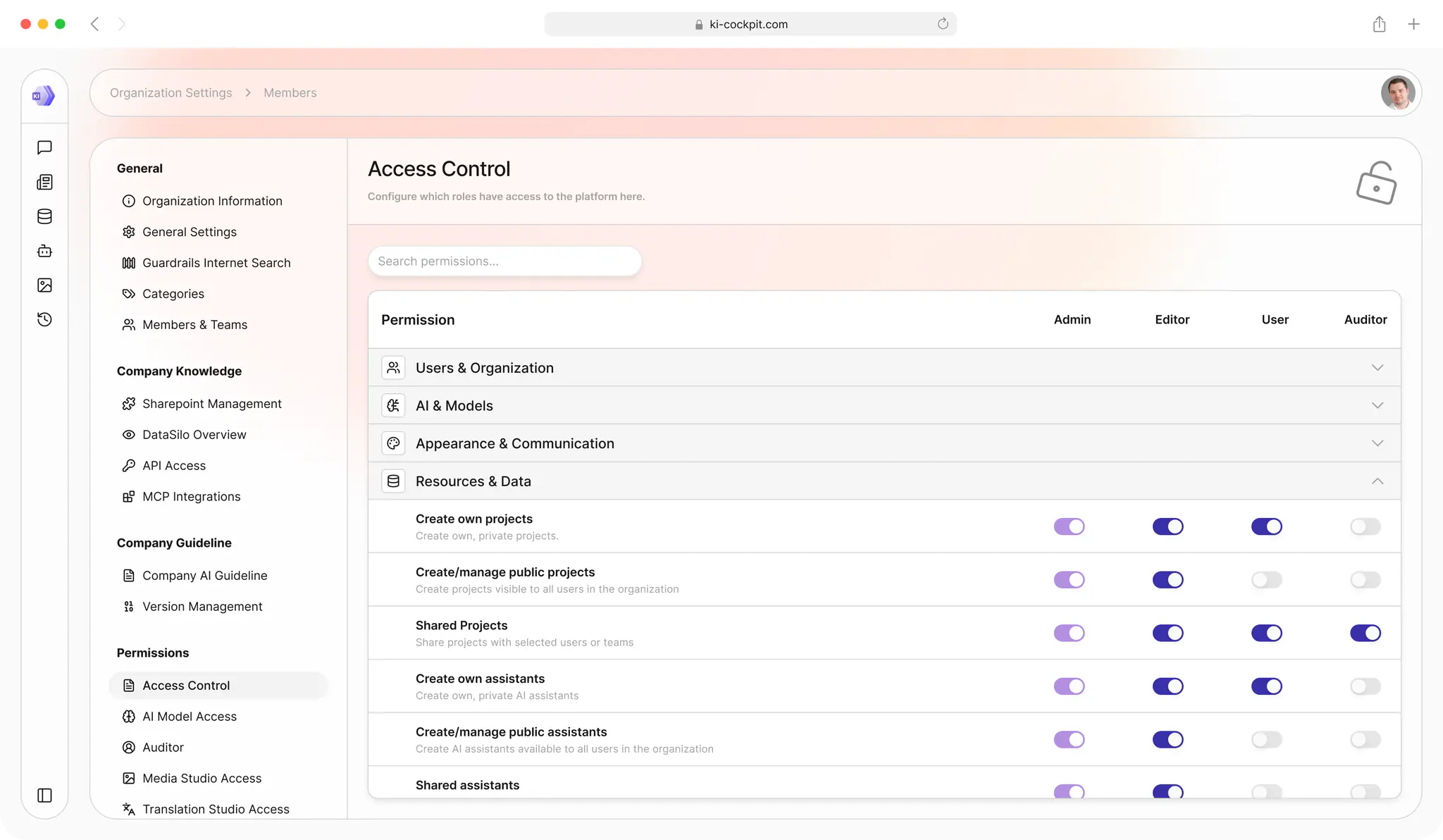 Access-Control-Ansicht des KI Cockpit: Berechtigungen pro Rolle (Admin, Editor, User, Auditor) bis auf Funktionsebene