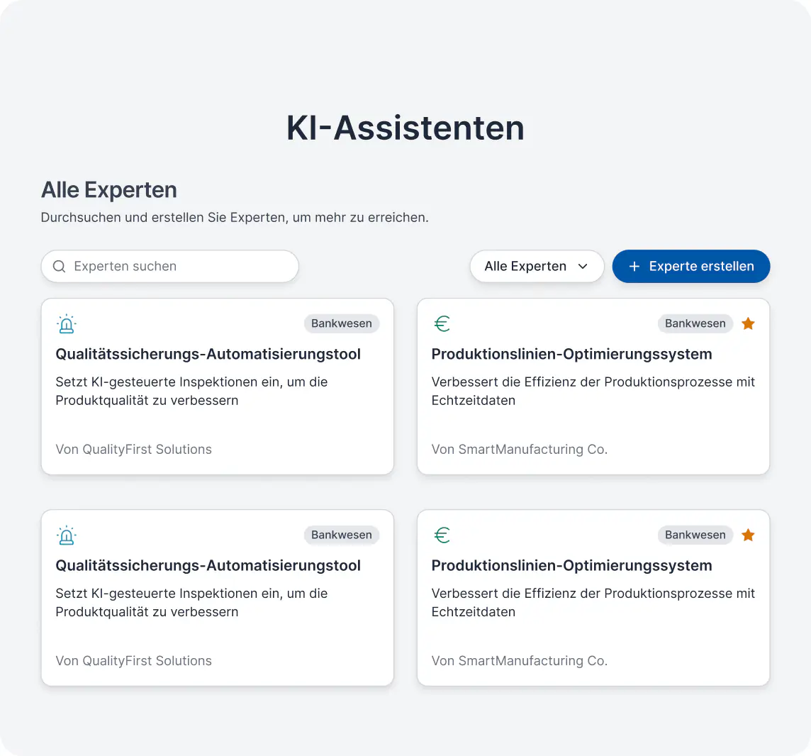 KI Cockpit Produktansicht: KI-Assistenten-Übersicht mit durchsuchbaren Experten-Karten wie Qualitätssicherungs-Automatisierungstool und Produktionslinien-Optimierungssystem